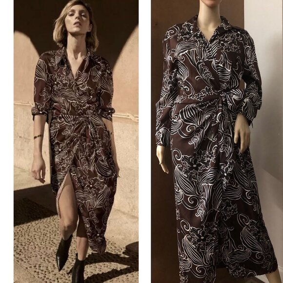 Zara Dresses & Skirts - Zara Satin Brown Black Floral Wrap Midi Shirt Dress 9445/853